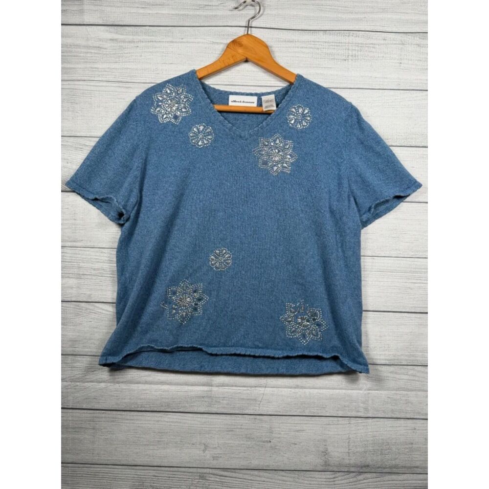 Alfred Dunner Women's L Blue Ramie Cotton Embellished Short Sleeve Sweater 4396